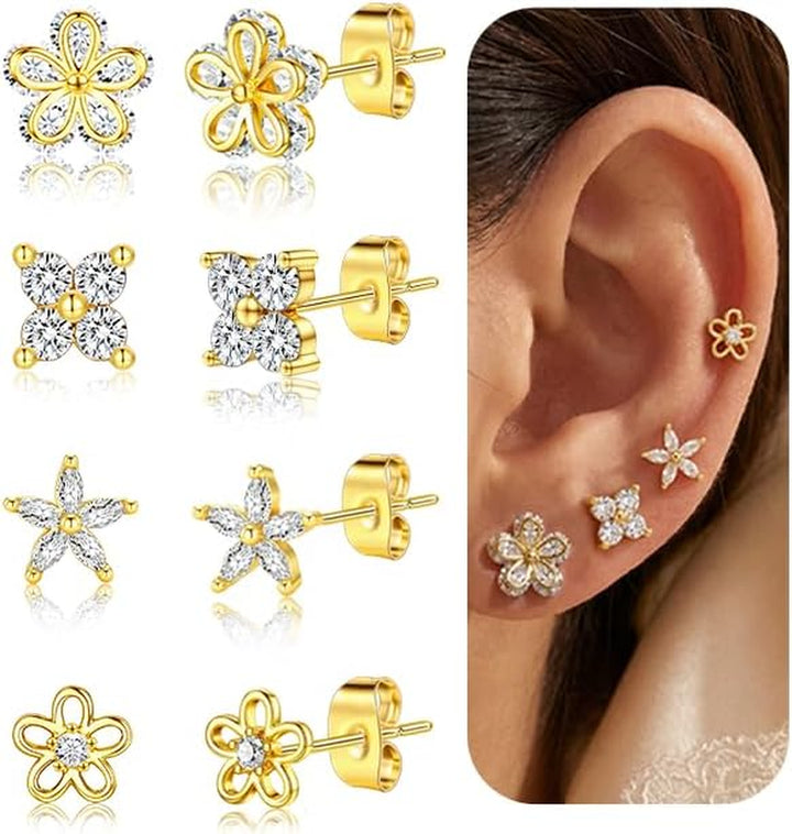 5 Pairs 14K Gold Plated Stud Earrings for Women, Hypoallergenic Earring Sets for Multiple Piercing, Premium Cubic Zirconia Studs Earrings for Women - Gold Flower