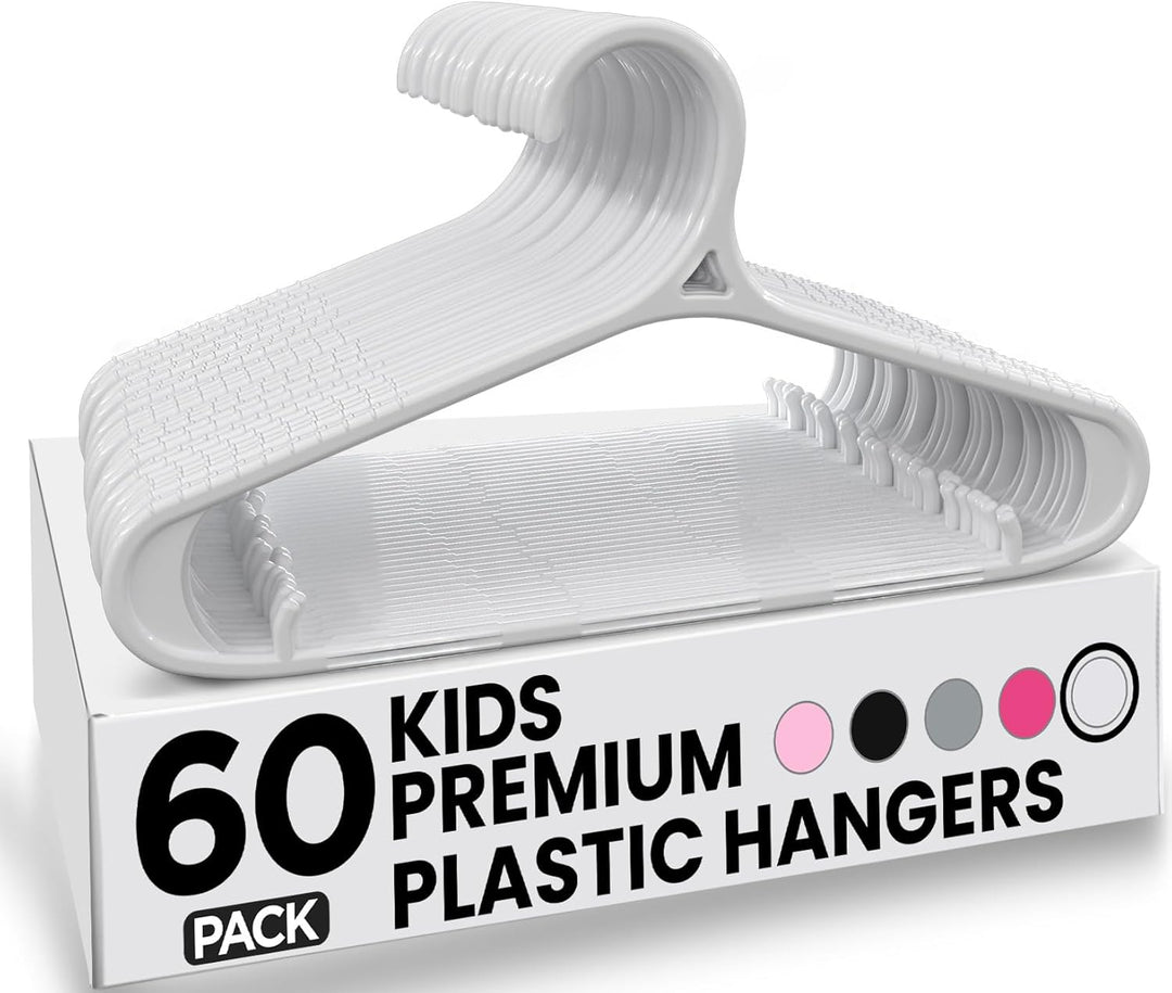 Kids Hangers 60 Pack - 11 Inch Plastic Baby Hangers for Closet - Childrens Hanger for Clothes & Infant Hanger for Closet - Non-Slip Shoulder Grooves, Strap Hooks & Pants Bar (White)