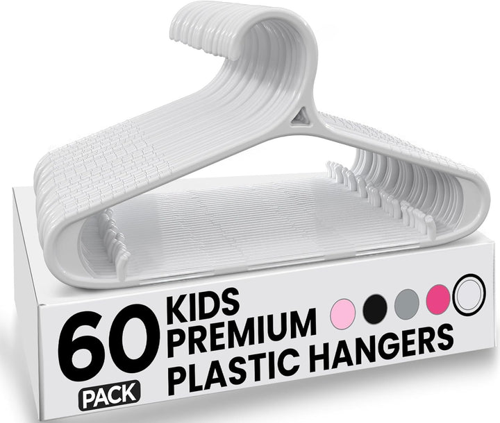 Kids Hangers 60 Pack - 11 Inch Plastic Baby Hangers for Closet - Childrens Hanger for Clothes &amp; Infant Hanger for Closet - Non-Slip Shoulder Grooves, Strap Hooks &amp; Pants Bar (White)
