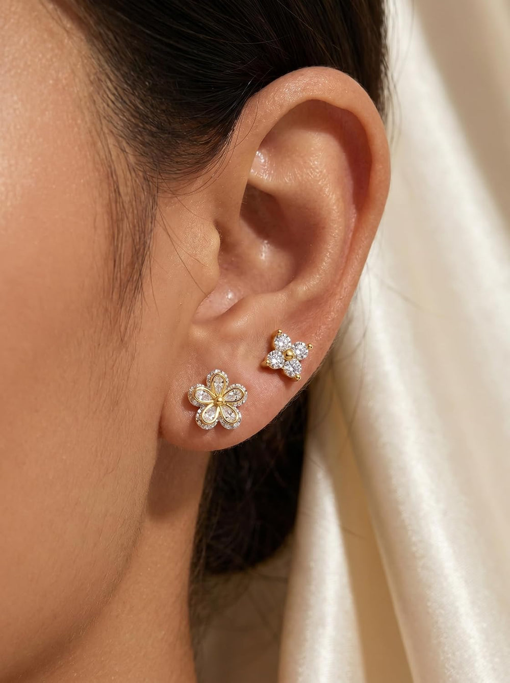 5 Pairs 14K Gold Plated Stud Earrings for Women, Hypoallergenic Earring Sets for Multiple Piercing, Premium Cubic Zirconia Studs Earrings for Women - Gold Flower