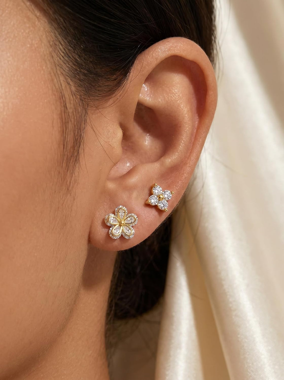 5 Pairs 14K Gold Plated Stud Earrings for Women, Hypoallergenic Earring Sets for Multiple Piercing, Premium Cubic Zirconia Studs Earrings for Women - Gold Flower