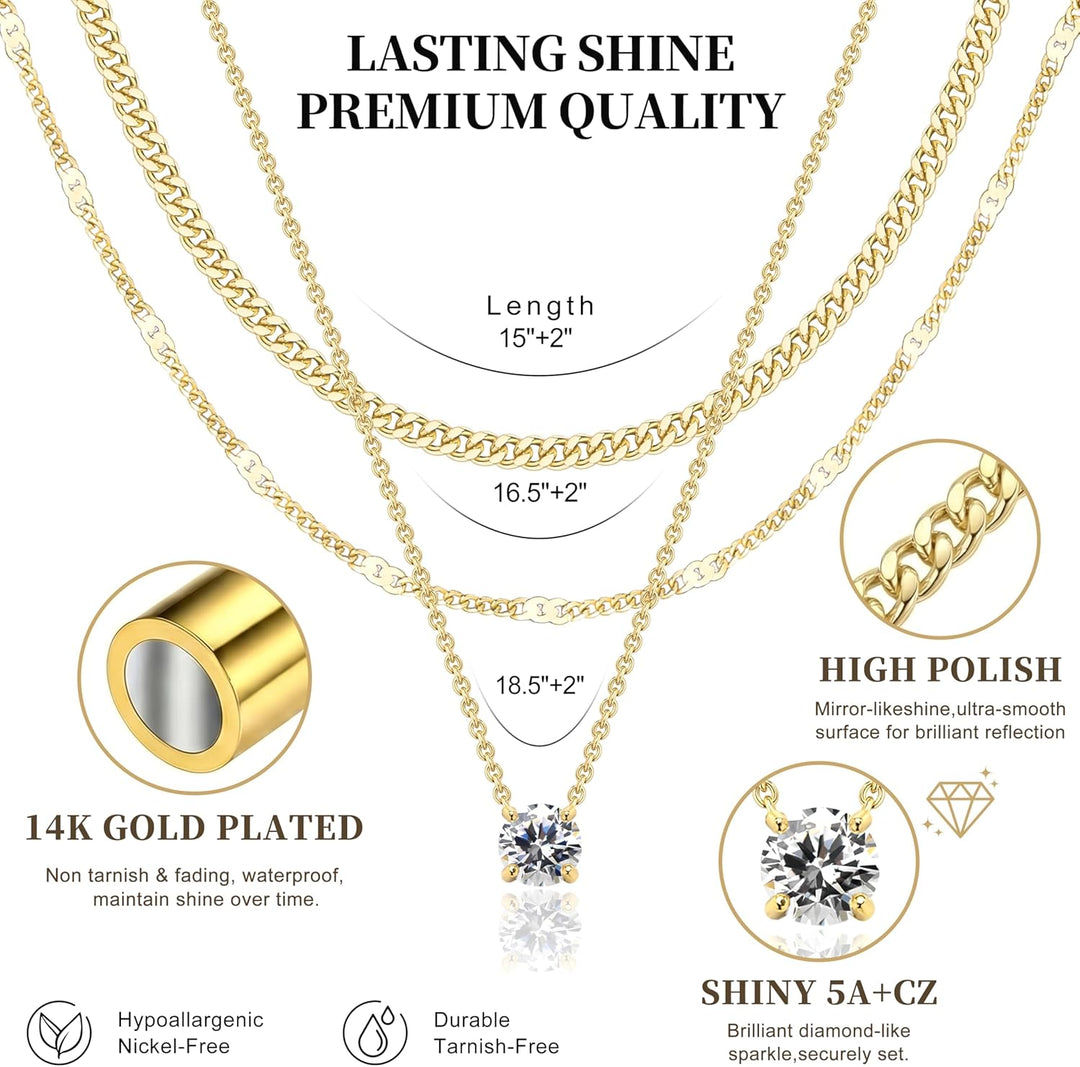 Layered Gold Necklaces for Women, 14K Gold Sterling Silver Plated Dainty Pendant Necklace Set Non Tarnish, Chunky Stackable Cuban Chain Choker, Trendy Birthstone Vacation Jewelry Gift - Gold