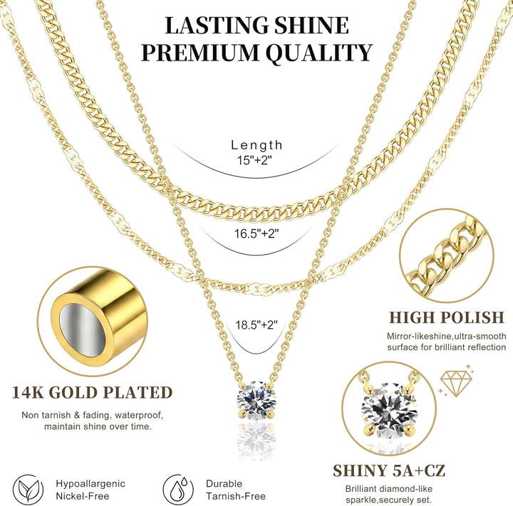 Layered Gold Necklaces for Women, 14K Gold Sterling Silver Plated Dainty Pendant Necklace Set Non Tarnish, Chunky Stackable Cuban Chain Choker, Trendy Birthstone Vacation Jewelry Gift - Gold