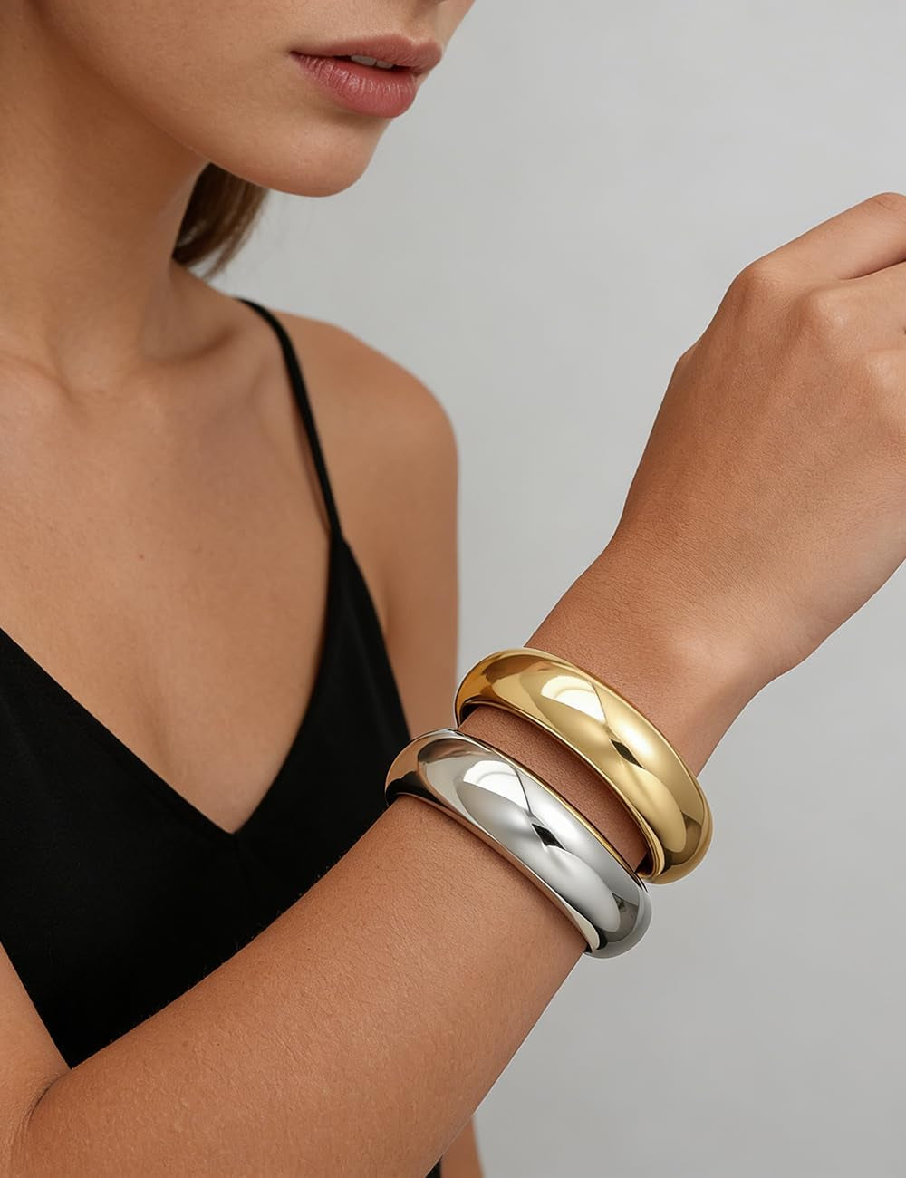 Chunky Gold Bangle Bracelets for Women, Dainty 14K Gold Plated Big Stackable Bangles Set, Trendy Statement Cuff Bracelet Stack Fashion Jewelry Gifts - Two-Tone