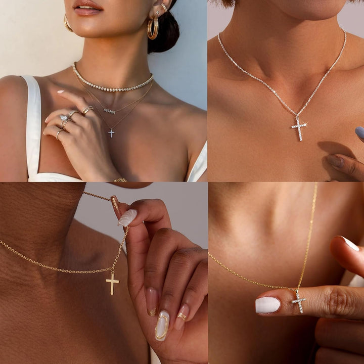 Cross Necklace for Women Teen Girls, Dainty 14K Gold Silver Plated Cross Choker Jewelry Non Tarnish Waterproof Cute Simple Small Necklace Christian Baptism Religious Faith Jewelry Gifts - Gold CZ