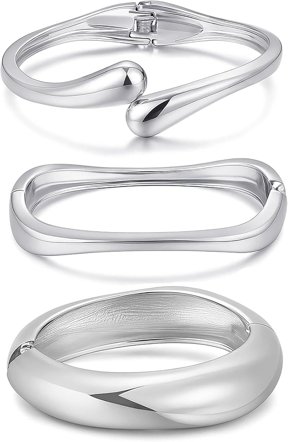 Chunky Gold Bangle Bracelets for Women, Dainty 14K Gold Plated Big Stackable Bangles Set, Trendy Statement Cuff Bracelet Stack Fashion Jewelry Gifts - Silver