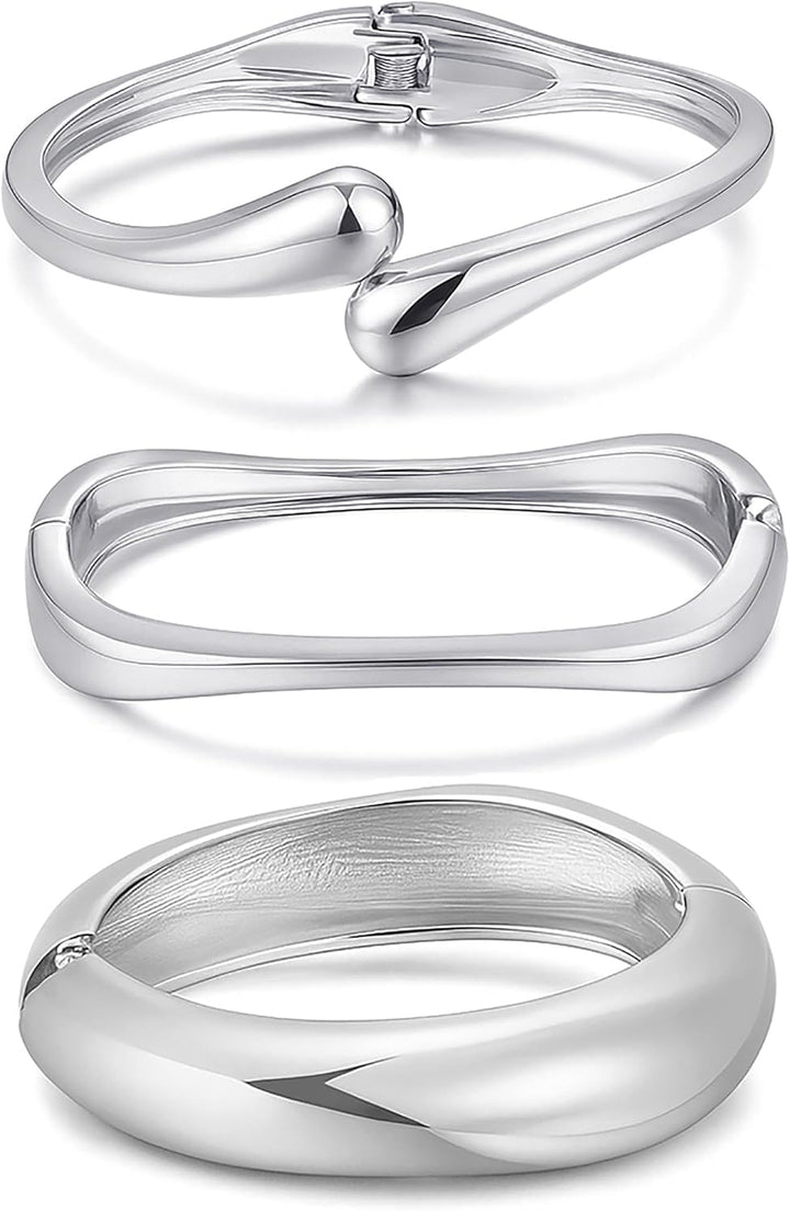 Chunky Gold Bangle Bracelets for Women, Dainty 14K Gold Plated Big Stackable Bangles Set, Trendy Statement Cuff Bracelet Stack Fashion Jewelry Gifts - Silver