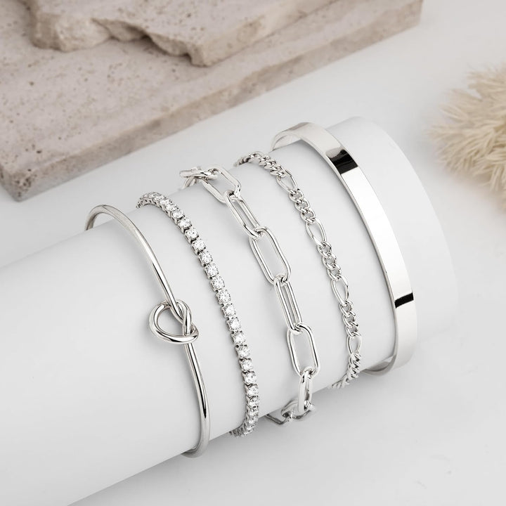 Gold Bracelets Set for Women Non Tarnish Waterproof, 14K Gold Plated Chunky Cuff &amp; Stackable Bangles, Cuban Rope Paperclip Bracelet Stack - Silver