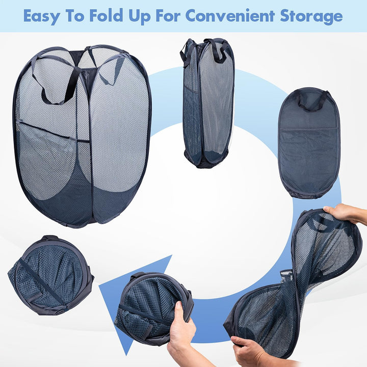 Pop up Laundry Hamper, 70L Collapsible Mesh Laundry Basket with Side Pocket, Foldable Dirty Clothes Hamper with Sturdy Reinforced Handles for Home Dorm Bedroom Travel Storage, Blue, 2Pack