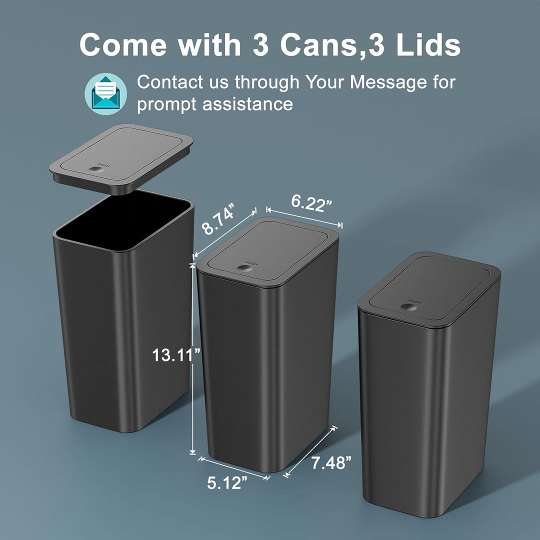 3 Pack 10 Liter Small Trash Can with Lid, 2.6 Gallon,Garbage Can Slim Trash Bin Waste Basket for Bathroom,Kitchen,Bedroom,Living Room,Office,Laundry - Black