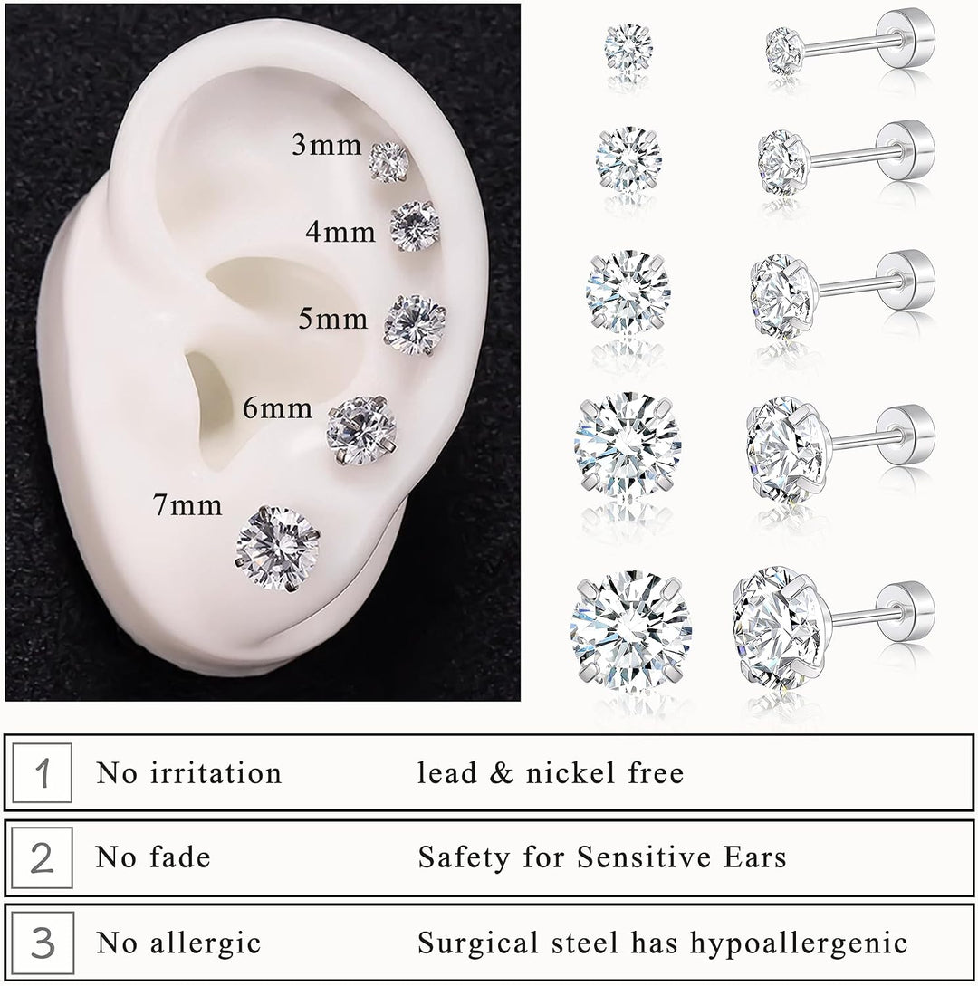 5 Pairs 14K Gold Plated Stud Earrings for Women, Hypoallergenic Earring Sets for Multiple Piercing, Premium Cubic Zirconia Studs Earrings for Women - Clear CZ