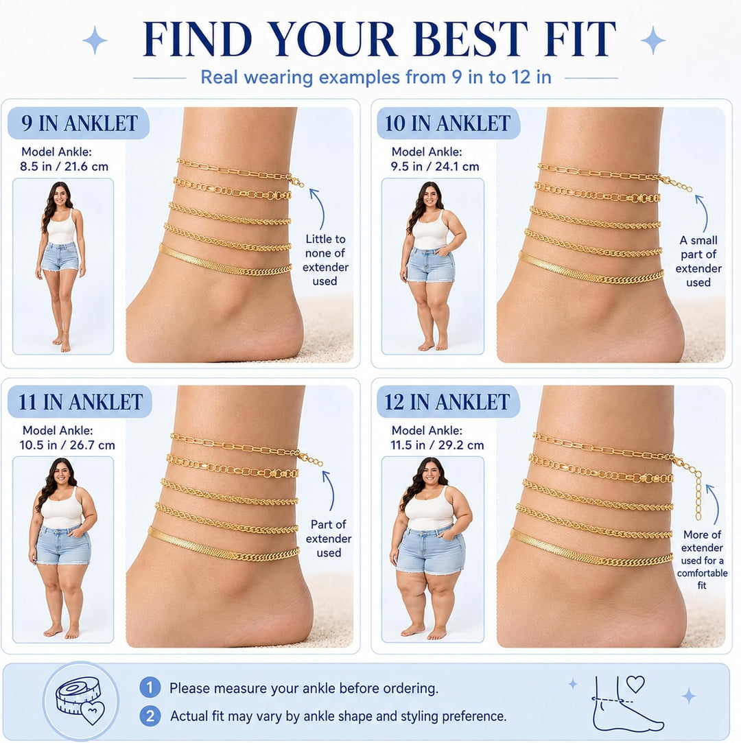 Gold/Silver Plated Anklet Bracelets for Women Waterproof plus Size Cuban Link Chain Ankle Bracelet for Large Ankle 9-12Inch - Gold