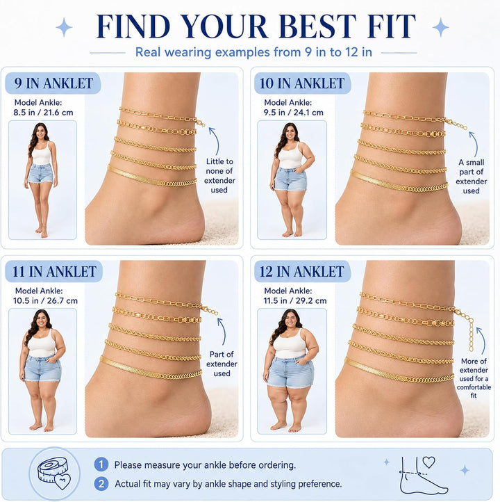 Gold/Silver Plated Anklet Bracelets for Women Waterproof plus Size Cuban Link Chain Ankle Bracelet for Large Ankle 9-12Inch - Gold