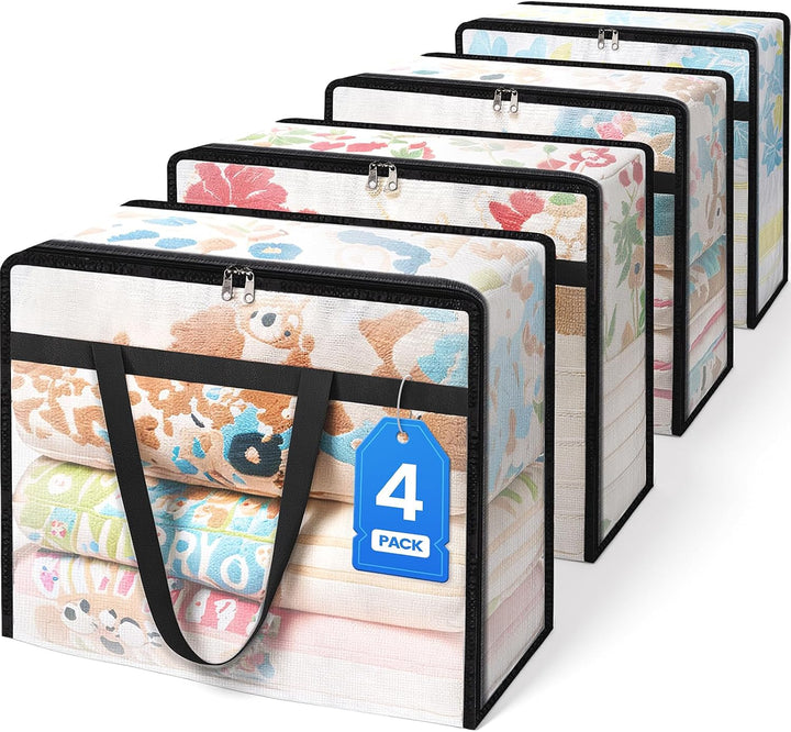 4 Pack Clear Clothes Storage Bags, Moving Bags, Foldable Blanket Storage under Bed Storage Containers with Sturdy Zipper and Handle for Clothing, Comforter, Bedding, Sheet (40L)