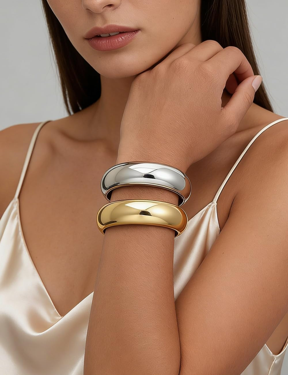 Chunky Gold Bangle Bracelets for Women, Dainty 14K Gold Plated Big Stackable Bangles Set, Trendy Statement Cuff Bracelet Stack Fashion Jewelry Gifts - Two-Tone