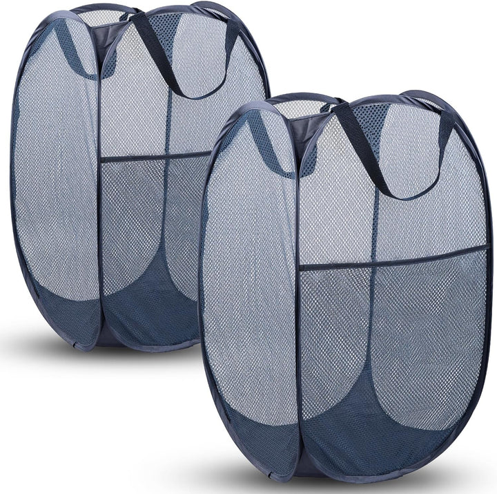 Pop up Laundry Hamper, 70L Collapsible Mesh Laundry Basket with Side Pocket, Foldable Dirty Clothes Hamper with Sturdy Reinforced Handles for Home Dorm Bedroom Travel Storage, Blue, 2Pack