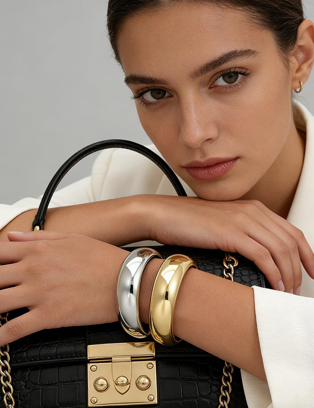 Chunky Gold Bangle Bracelets for Women, Dainty 14K Gold Plated Big Stackable Bangles Set, Trendy Statement Cuff Bracelet Stack Fashion Jewelry Gifts - Two-Tone