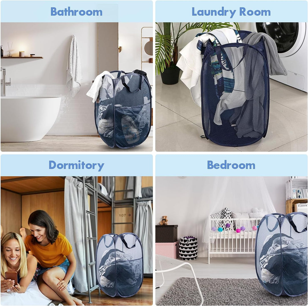 Pop up Laundry Hamper, 70L Collapsible Mesh Laundry Basket with Side Pocket, Foldable Dirty Clothes Hamper with Sturdy Reinforced Handles for Home Dorm Bedroom Travel Storage, Blue, 2Pack