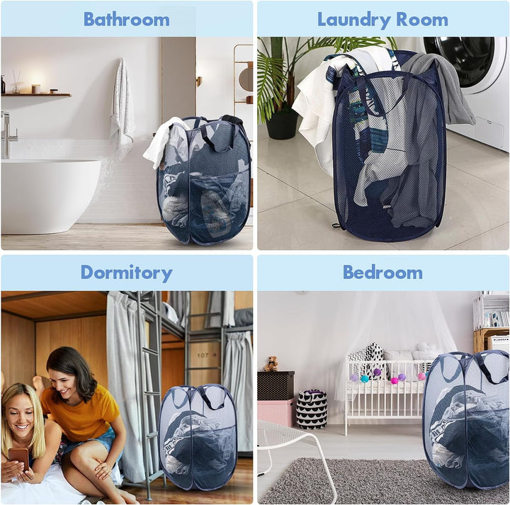 Pop up Laundry Hamper, 70L Collapsible Mesh Laundry Basket with Side Pocket, Foldable Dirty Clothes Hamper with Sturdy Reinforced Handles for Home Dorm Bedroom Travel Storage, Blue, 2Pack
