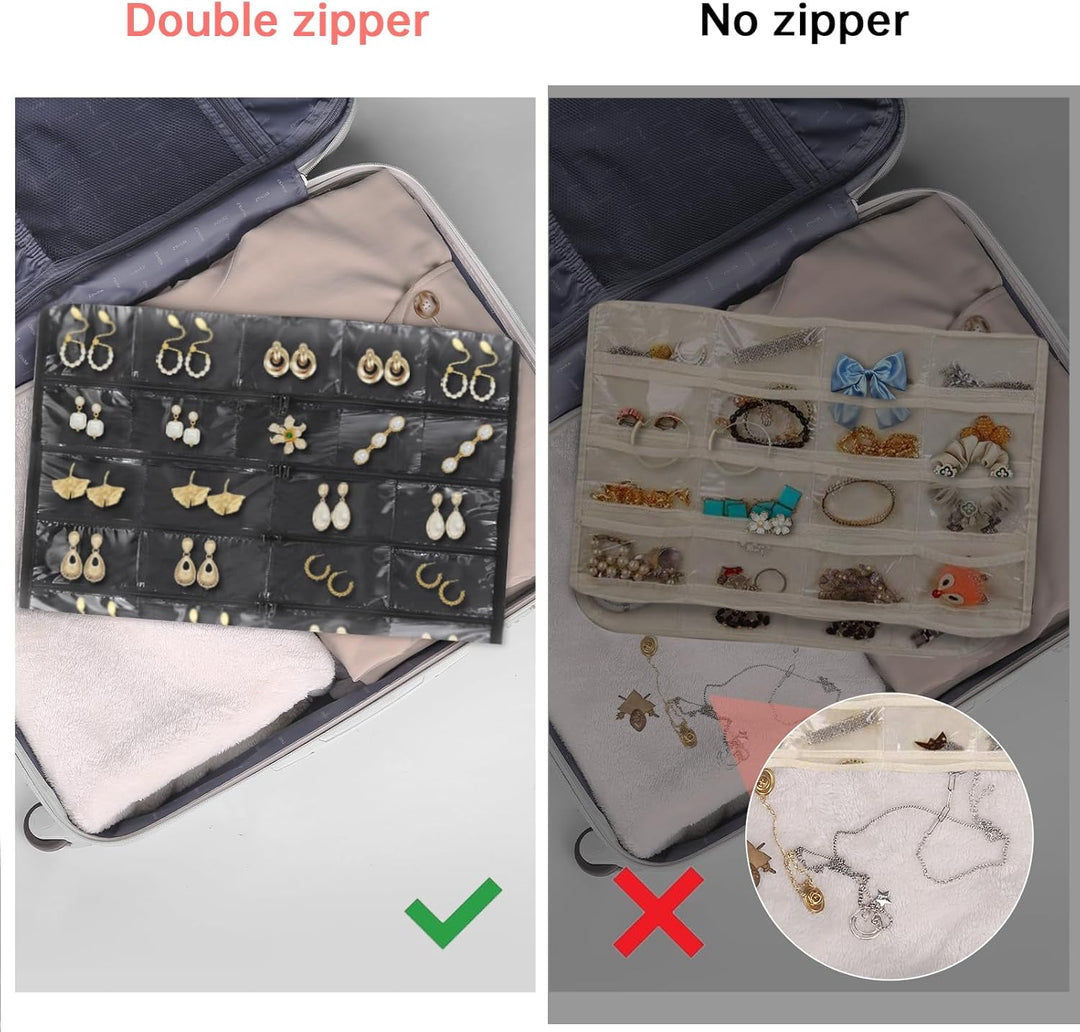Hanging Jewelry Organizer Storage Roll 88 Zippered Pockets,Dustproof Foldable for Travel,Double-Sided Accessories Organizer Holder for Earring Necklace Ring on Closet Wall Door(Black,1 Pack)