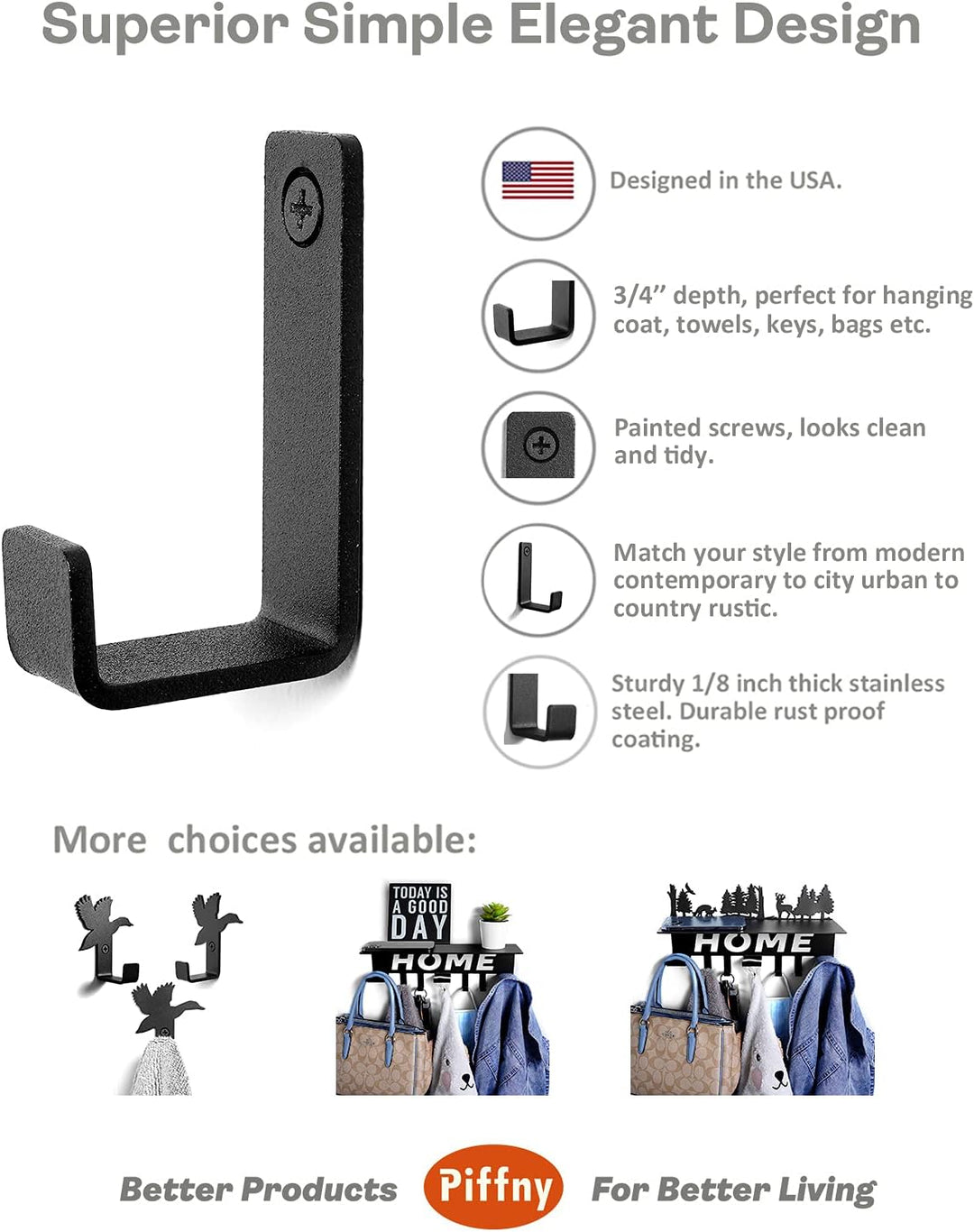Robe &amp; Towel Hook, 6 Pack Heavy Duty Stainless Steel Outdoor Wall Hooks for Hanging Towel, Coat, Backpack, Keys, Etc (Modern Industrial)