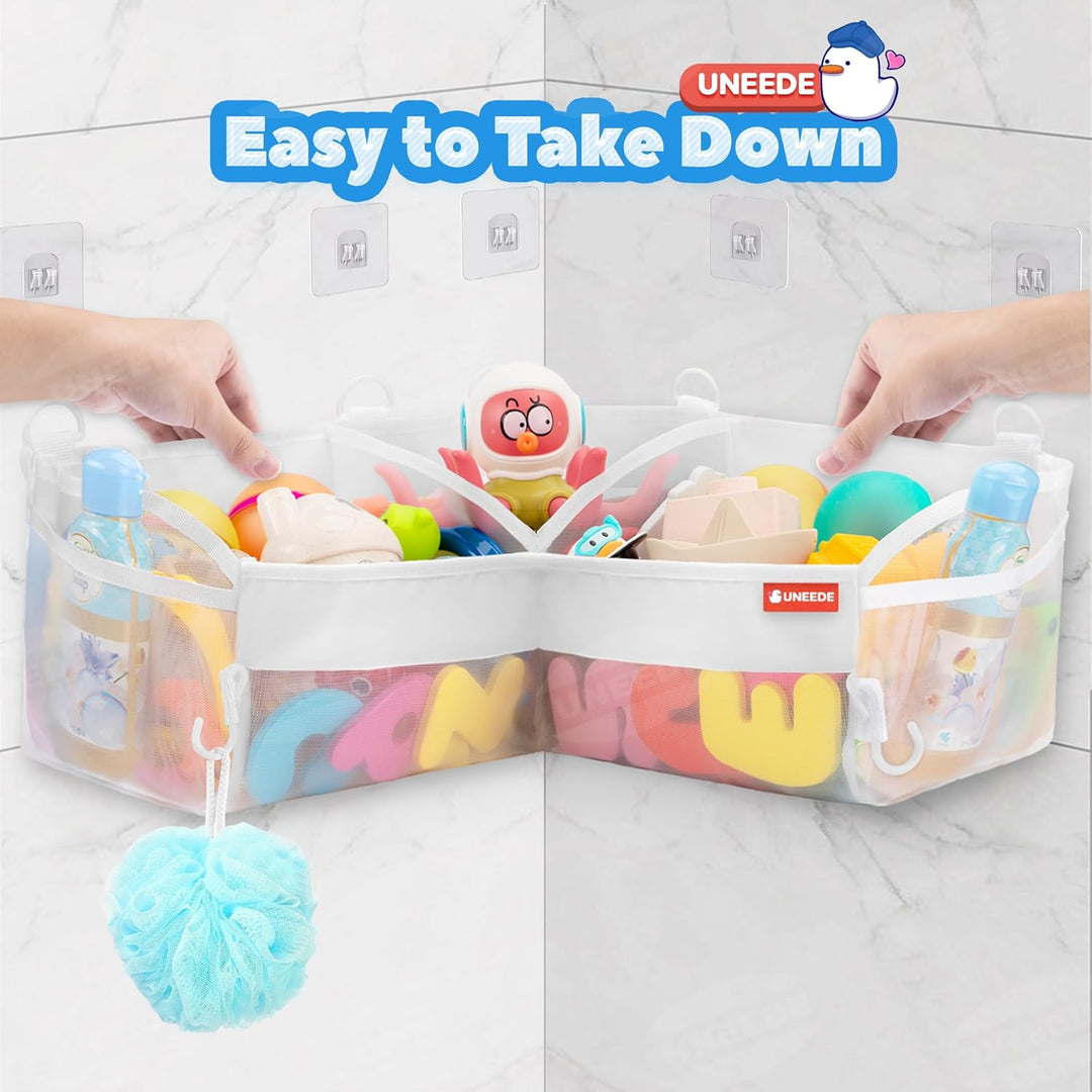 Bath Toy Storage - 3 Compartment Corner Bath Toy Storage Organizer, 4 Gallons Quick-Drying Bath Toy Holder, Machine-Washable Bathtub Toy Storage for Classify Toys &amp; Bath Supplies