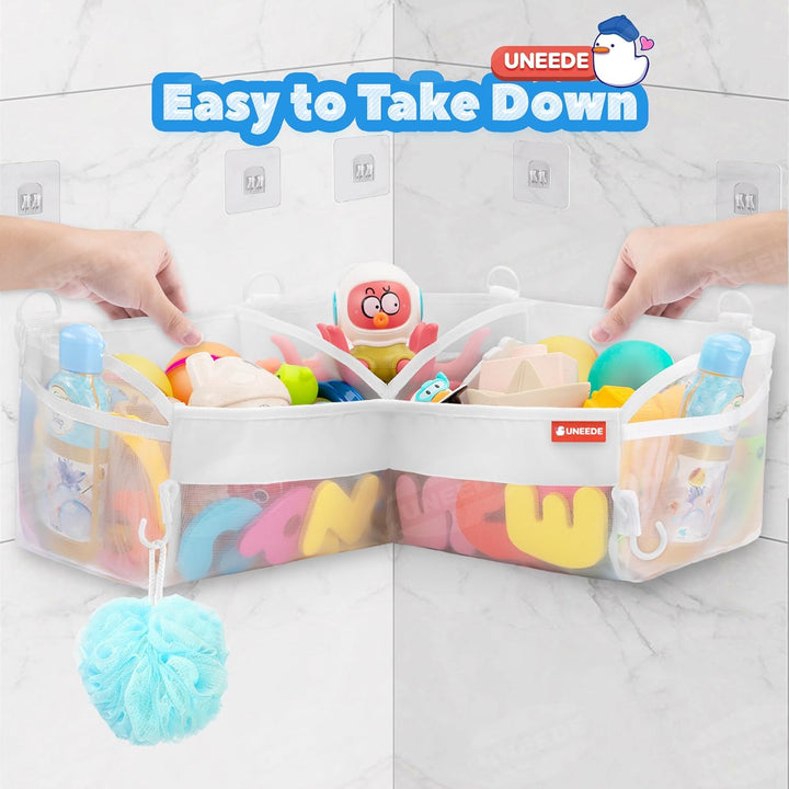 Bath Toy Storage - 3 Compartment Corner Bath Toy Storage Organizer, 4 Gallons Quick-Drying Bath Toy Holder, Machine-Washable Bathtub Toy Storage for Classify Toys &amp; Bath Supplies