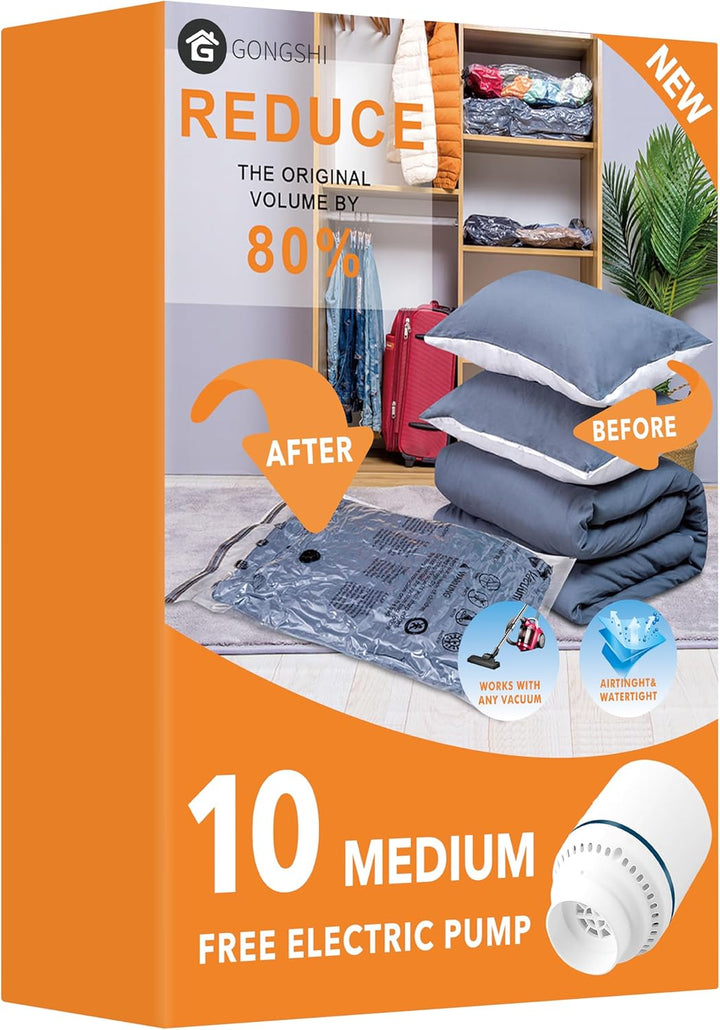 Vacuum Seal Bags for Clothing Travel &amp; Home Storage, Travel Vacuum Bags with Electric Pump,Space Saver for Blankets, Comforters, Pillows, Clothes,10 Medium