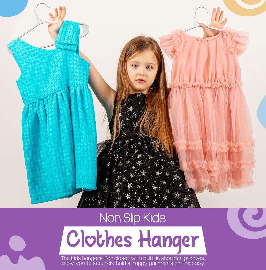 Kids Hangers 60 Pack - 11 Inch Plastic Baby Hangers for Closet - Childrens Hanger for Clothes &amp; Infant Hanger for Closet - Non-Slip Shoulder Grooves, Strap Hooks &amp; Pants Bar (White)