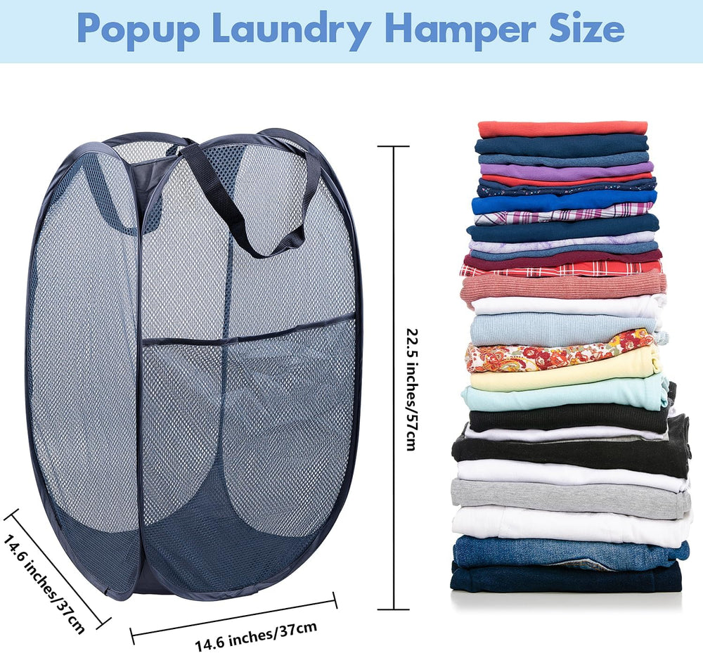 Pop up Laundry Hamper, 70L Collapsible Mesh Laundry Basket with Side Pocket, Foldable Dirty Clothes Hamper with Sturdy Reinforced Handles for Home Dorm Bedroom Travel Storage, Blue, 2Pack