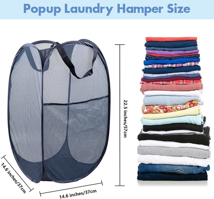 Pop up Laundry Hamper, 70L Collapsible Mesh Laundry Basket with Side Pocket, Foldable Dirty Clothes Hamper with Sturdy Reinforced Handles for Home Dorm Bedroom Travel Storage, Blue, 2Pack