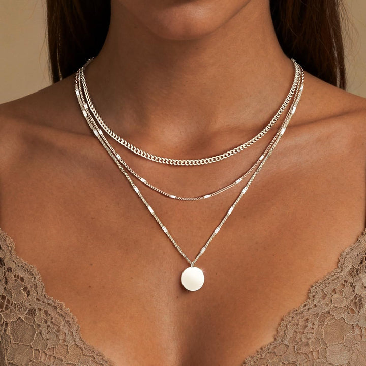 Layered Gold Necklaces for Women, 14K Gold Sterling Silver Plated Dainty Pendant Necklace Set Non Tarnish, Chunky Stackable Cuban Chain Choker, Trendy Birthstone Vacation Jewelry Gift - Silver