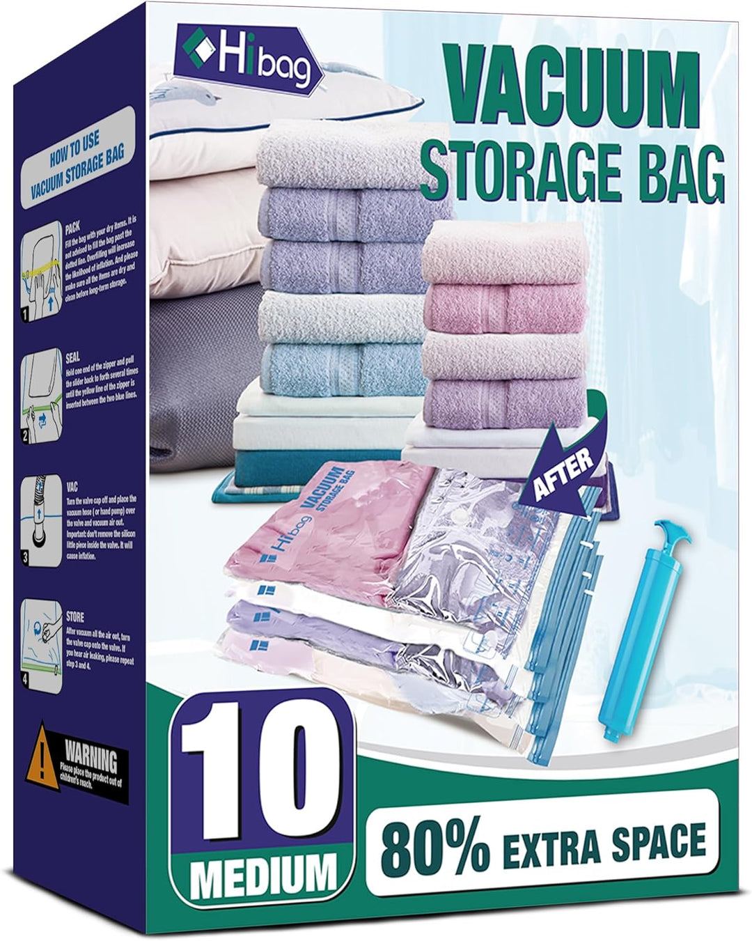 Vacuum Storage Bags, 10 Medium Space Saver Vacuum Seal Bags, Space Bags, Vacuum Sealer Bags for Clothes with Travel Hand Pump (10M) | Home and Travel, Airtight Triple Seal, save 80% Space, Hand Pump, Work with Vacuum, Double Zip, Reusable, Easy to Use