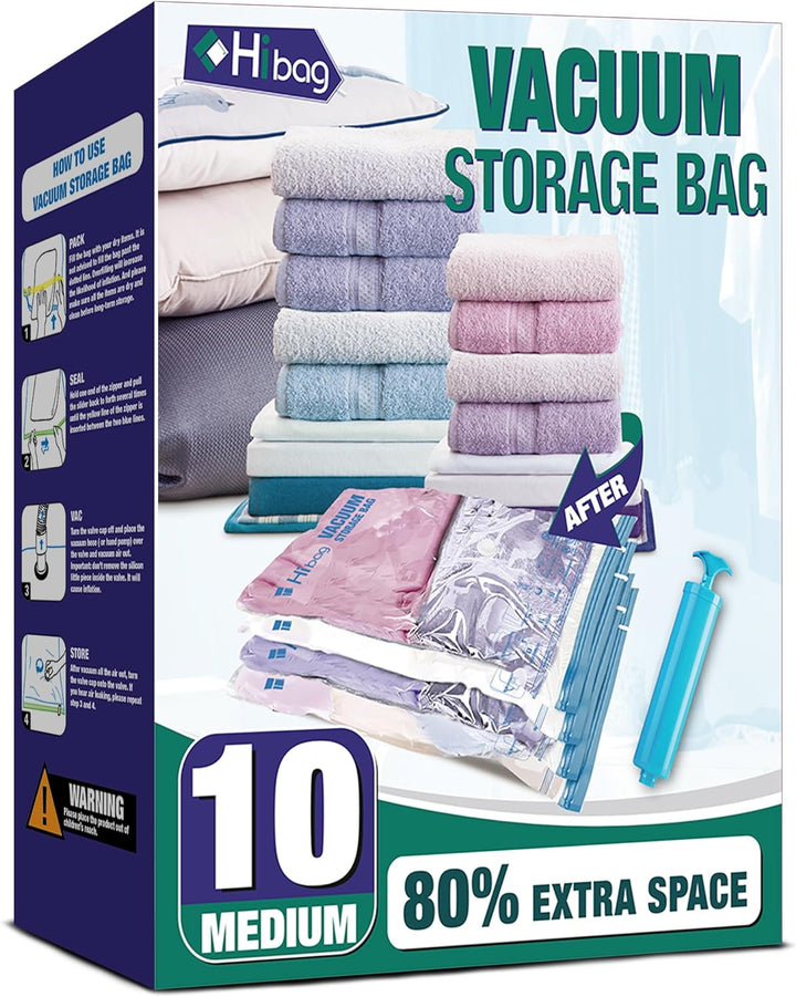 Vacuum Storage Bags, 10 Medium Space Saver Vacuum Seal Bags, Space Bags, Vacuum Sealer Bags for Clothes with Travel Hand Pump (10M) | Home and Travel, Airtight Triple Seal, save 80% Space, Hand Pump, Work with Vacuum, Double Zip, Reusable, Easy to Use