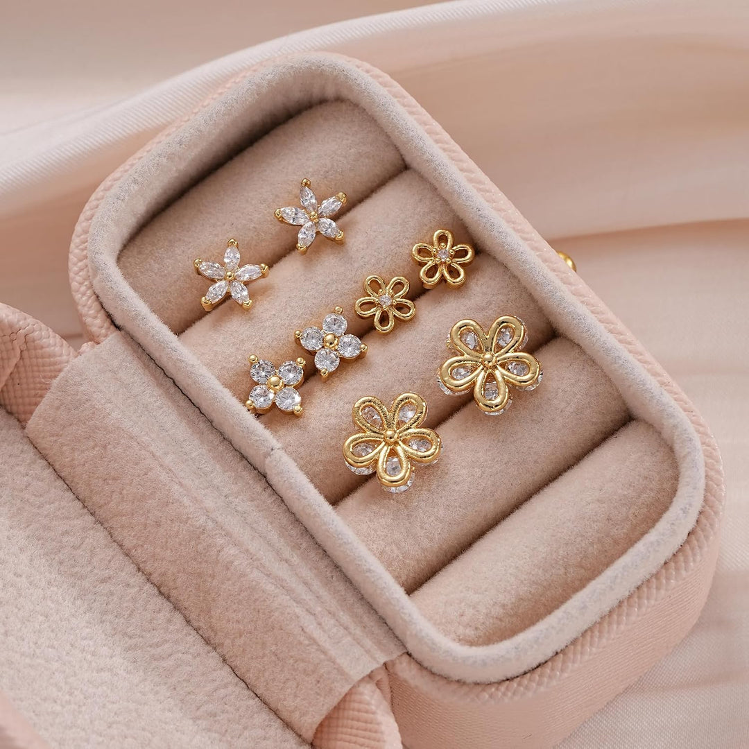 5 Pairs 14K Gold Plated Stud Earrings for Women, Hypoallergenic Earring Sets for Multiple Piercing, Premium Cubic Zirconia Studs Earrings for Women - Gold Flower