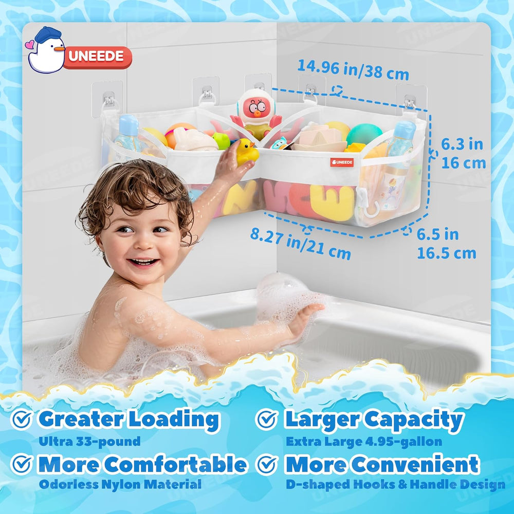 Bath Toy Storage - 3 Compartment Corner Bath Toy Storage Organizer, 4 Gallons Quick-Drying Bath Toy Holder, Machine-Washable Bathtub Toy Storage for Classify Toys & Bath Supplies