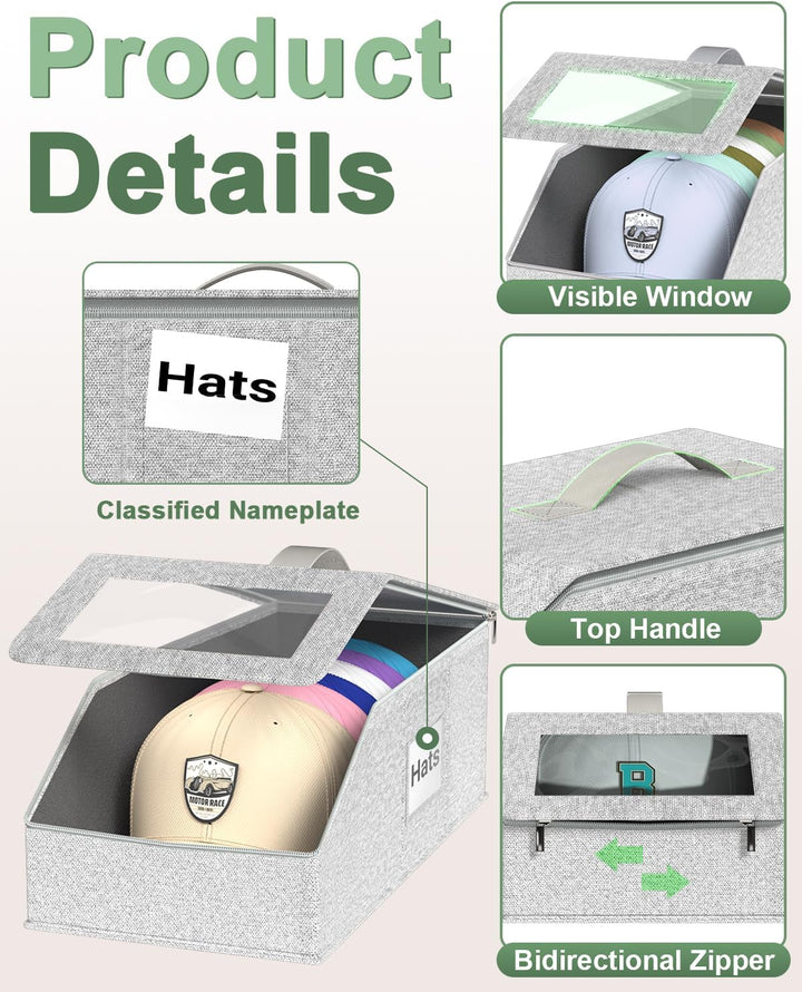 Hat Organzier for Baseball Caps - 2 PCS Stackable Hat Storage Holder Holds up to 26 Caps for Closet, Dust-Proof Hat Boxes Container with Clear Window for Home