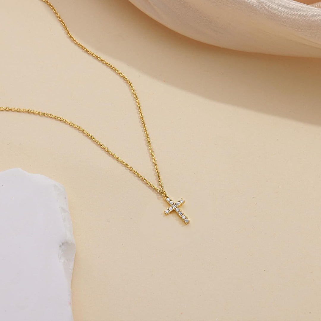 Cross Necklace for Women Teen Girls, Dainty 14K Gold Silver Plated Cross Choker Jewelry Non Tarnish Waterproof Cute Simple Small Necklace Christian Baptism Religious Faith Jewelry Gifts - Gold CZ