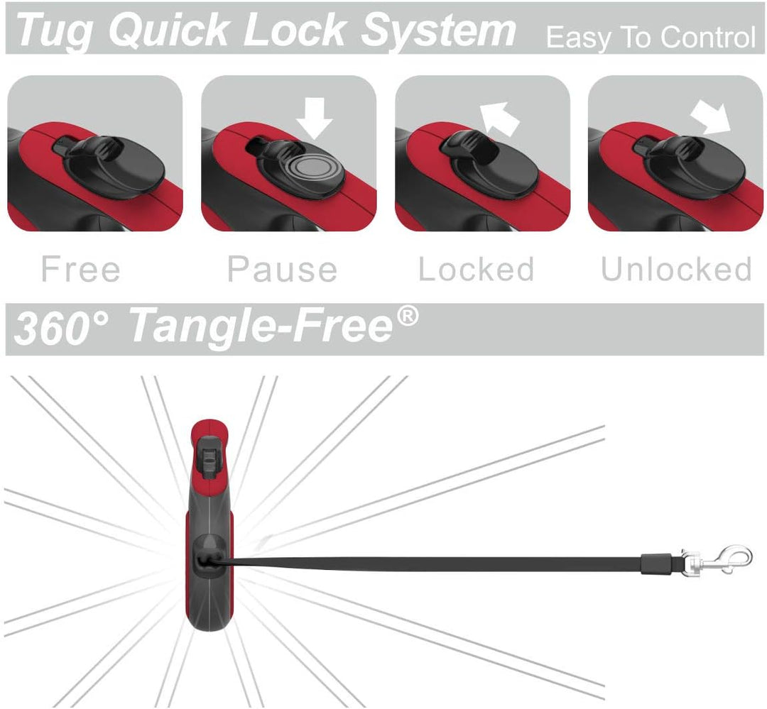 360° Tangle-Free Retractable Dog Leash with Anti-Slip Handle | 16 Ft Strong Nylon Tape | One-Handed Brake, Pause, Lock (Medium, Red)