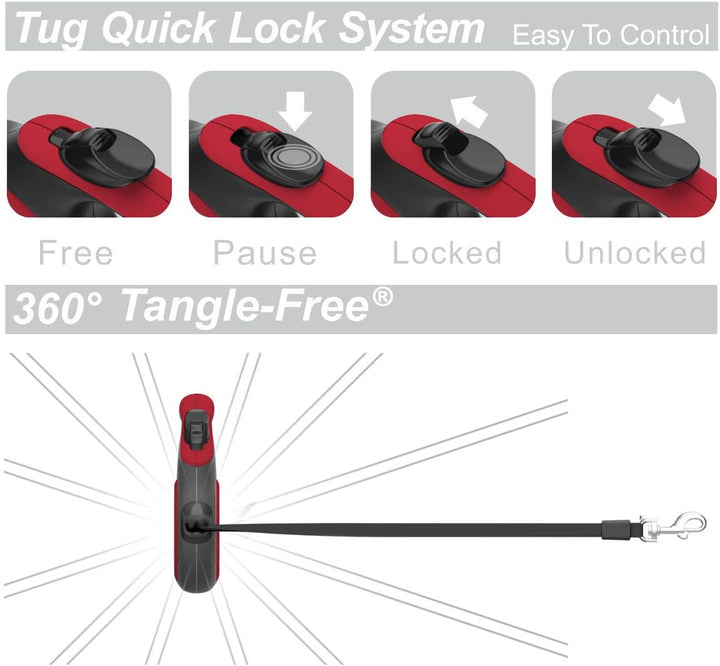 360° Tangle-Free Retractable Dog Leash with Anti-Slip Handle | 16 Ft Strong Nylon Tape | One-Handed Brake, Pause, Lock (Medium, Red)