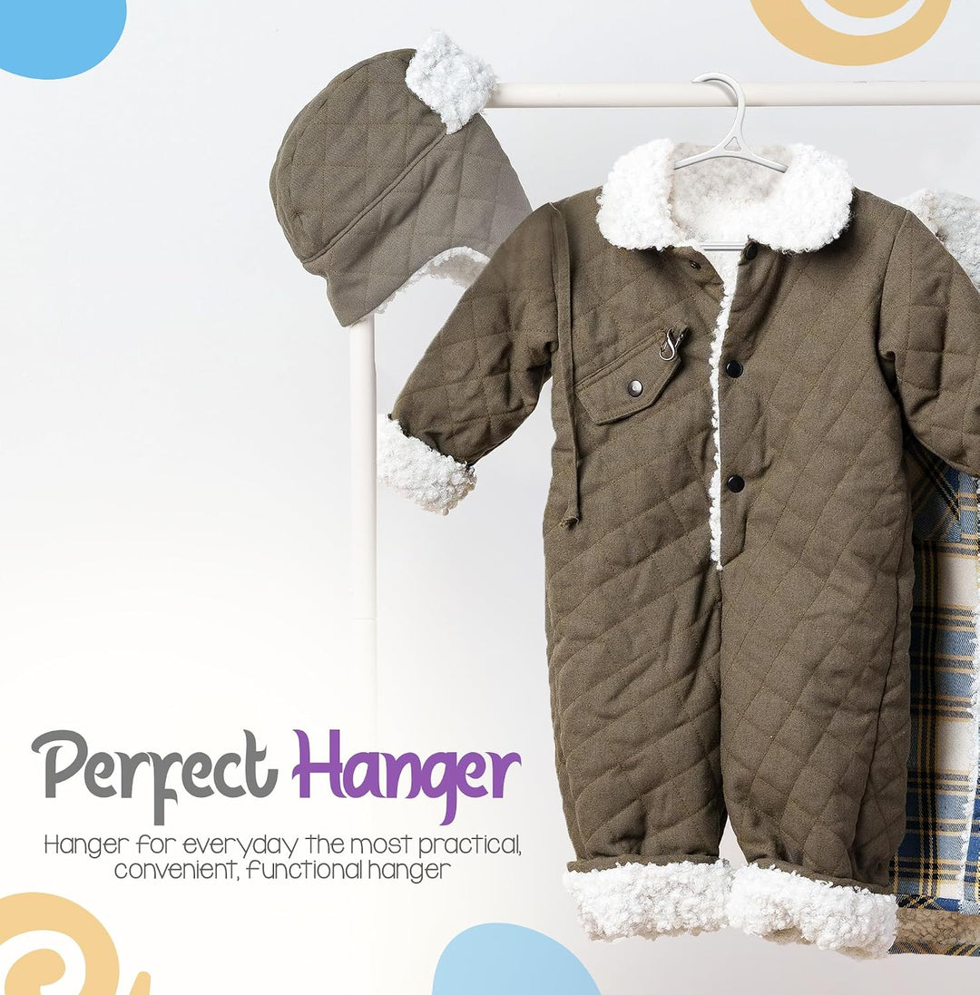 Kids Hangers 60 Pack - 11 Inch Plastic Baby Hangers for Closet - Childrens Hanger for Clothes &amp; Infant Hanger for Closet - Non-Slip Shoulder Grooves, Strap Hooks &amp; Pants Bar (White)